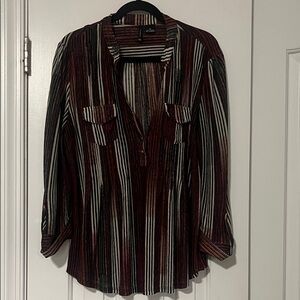 New Directions Striped Blouse - Black, White, Brown